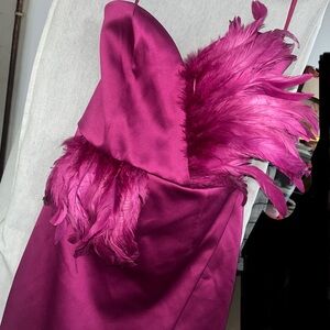 Fashion Nova Feather Accent Asymmetrical Evening Dress